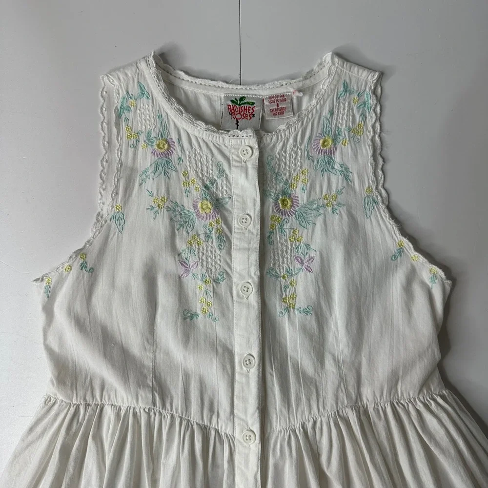 Vtg Radishes &‎ Roses Dress White Cotton Embroidered Pockets Cottagecore Girls 8